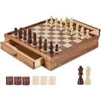 Vevor Jeu d'échecs en bois massif, jeu de dames 2 en 1, jeux d'échecs sur échiquier de 38 cm avec tiroir de rangement & pièces d'échecs, pour tournois, professionnels et débutants adultes & enfants