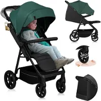 Lionelo Buggy MIRA jusqu'à 22 kg, Roues pivotantes 360°, Filtre UPF50+, Capote étanche XXL Vert émeraude