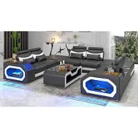 JV Möbel Canapé Design Grand XXL En Forme De U D’Angle En Cuir Noir LED