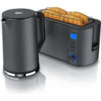 Arendo Set de petit déjeuner 2 pièces, Grille-pain à fentes longues 4 disques & Bouilloire en acier inoxydable 1,5L, Gris