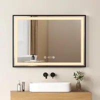 Emke Miroir de salle de bain LED Miroir de salle de bain 50x70cm Miroir lumineux avec cadre noir Interrupteur tactile, antibuée et fonction horloge