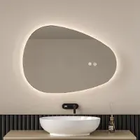 Emke Miroir de salle de bain avec éclairage 70 x 50 cm Miroir de salle de bain asymétrique, miroir de salle de bain avec 3 couleurs de lumière Variable, antibuée, interrupteur tactile