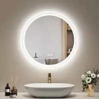 Emke Miroir de salle de bain rond éclairé , diamètre 60 cm, anti-buée, 3 couleurs de lumière, variateur d'intensité, cadre mat