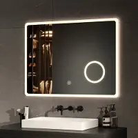 Emke Miroir de salle de bain miroir mural LED 80x60cm avec interrupteur tactile grossissement miroir de maquillage 3 couleurs de lumière et antibuée