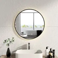 Emke Miroir de salle de bain avec éclairage, miroir rond à LED avec interrupteur tactile et horloge, miroir de salle de bain avec cadre noir, ф60cm, blanc neutre