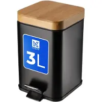 Kadax Poubelle en acier laqué époxy "Atran", Poubelle, Poubelle avec couvercle en bambou, noir, 3L
