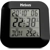 Mebus Réveil radioguidé numérique avec thermomètre, affichage de la date et éclairage, fonction snooze, Matière : plastique, Couleur : noir, Modèle : 51510