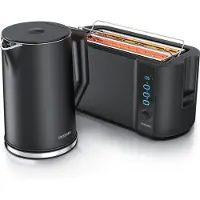 Arendo Set petit-déjeuner 2 pièces, Bouilloire en acier inoxydable ELEGANT 1,5l, Grille-pain 4 tranches à fentes longues, Noir