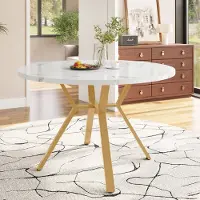 MODFU Table À Manger - Ronde Avec Plateau MDF Marbre Blanc, Pieds Métal Or Élégants Pour Cuisine Et Salon Moderne, Ø 50 x H 75 cm - Or