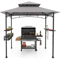 Costway Pavillon de barbecue résistant aux intempéries, abri pour barbecue avec double toit, étagères latérales, panier métallique, crochet & ouvre-bouteille, abris pour barbecue 242x153x250cm