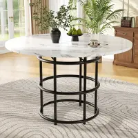 Flieks table à manger ronde, table basse élégante, table de cuisine pour salle à manger salon, plateau de table en MDF marbré, blanc+noir