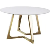 Casa Padrino Table de salle à manger de luxe Blanc / Or Ø 130 x H. 76 cm - Table de salle à manger ronde avec plateau en marbre synthétique et pieds en acier - Meubles de salle à manger