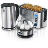 Arendo Set petit déjeuner , bouilloire 1,5l, grille-pain 4 disques à fentes longues, cuiseur à oeufs 7 SEVENCOOK, argenté