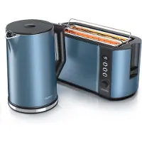 Arendo set petit déjeuner 2 pièces - Bouilloire en acier inoxydable 1,5l, Grille-pain 4 tranches à fentes longues, Bleu mat