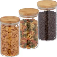 Relaxdays Bocaux de conservation avec couvercle en bambou, lot de 3, bocaux ronds en verre, 1 000 ml, hermétiques, transparents/naturels