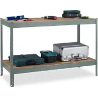 Relaxdays Établi , 600 kg, table de travail, dimensions : 91 x 141 x 61 cm, 2 niveaux réglables, étagère d'atelier en acier et MDF, anthracite