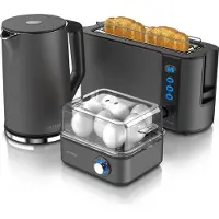 Arendo Ensemble de petit-déjeuner gris - Bouilloire avec réglage de la température / Grille-pain 2 tranches, à fentes longues / Cuiseur à ufs pour 8 ufs