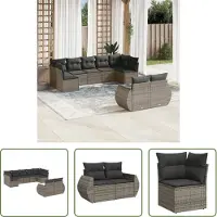 The Living Store 9 pcs. salon de jardin avec coussins Gris Poly Rattan