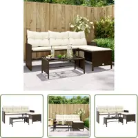 The Living Store Canapé de jardin en L avec table et coussins Marron Poly rotin