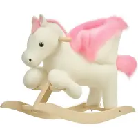 HOMCOM Cheval à Bascule Fonction Musicale Selle Grand Confort Peluche Courte Douce Pour Enfants 18-36 Mois Bois peuplier Blanc et Rose dim. 70L x 28l x 57H cm
