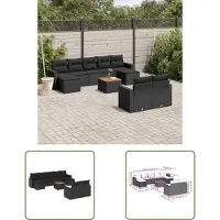 The Living Store 10 pcs. salon de jardin avec coussins noir poly rotin