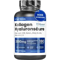 Vitastrong Collagène Acide Hyaluronique - 2000mg - 180 Comprimés - Coenzyme Q10, Biotine, Vitamines C & D - Soutient la peau, les articulations, les cheveux & les os