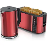 Arendo Kit petit-déjeuner 2 pièces, Grille-pain à 4 tranches longues + Bouilloire 1,5 litre, Rouge