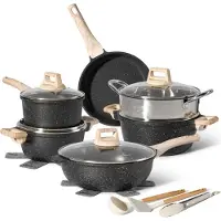 Just perfecto Batterie de cuisine 15 pièces avec cuiseur à vapeur Antiadhésif en Granit noir - Tous feux dont induction JL-780