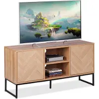 Relaxdays Meuble TV bas , style rétro, dimensions : 60 x 120 x 38 cm, aspect bois, métal, 4 compartiments, meuble TV, marron clair/noir