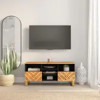 Prolenta Meuble TV exclusif - Bois massif de manguier, couleur marron et noir, dimensions 100 x 33,5 x 46 cm