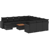 Syfax Ensemble de Canapé Modulable de Jardin 13 Pièces, Résine Tressée Noire, Coussins Épais Amovibles, Table Bois d'Acacia, Résistant aux UV