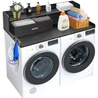 SucceBuy Plan de travail pour lave-linge séchant avec 2 tiroirs, 54 x 27 pouces, bois noir, avec étagère à 2 niveaux, patins antidérapants et support à linge imperméable
