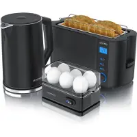 Arendo Breakfast Set Bouilloire 1,5l, Grille-pain 4 tranches, Cuiseur d'oeufs à 6 compartiments, Noir