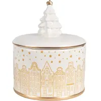 Clayre & Eef Couvercle de bocal Ø 15x19 cm Blanc Doré Matériau céramique Maisons