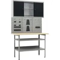 Syfax Établi d'atelier complet, acier et bois d'ingénierie, 120x60x85 cm, 300 kg, avec 3 panneaux muraux perforés et armoire de rangement verrouillable