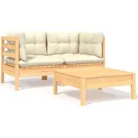 Syfax Salon de jardin 3 pcs avec coussins crème Bois de pin massif