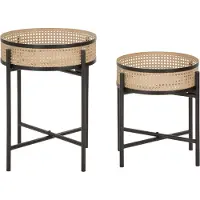 Mauro Ferretti Ensemble De 2 Tables Basses Fuji, Ø 40X50 Et 35X40 Cm, En Métal Noir - Supports Pour Plantes Amovibles, Style Bohème Chic Et Paille De Vienne