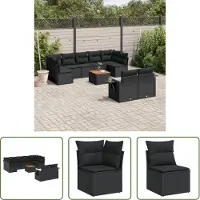 The Living Store 10 pcs. salon de jardin avec coussins noir poly rotin