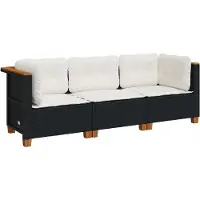Syfax Canapé de jardin modulaire 3 places, résine tressée noire, pieds acacia, coussins blanc crème déhoussables lavables, résistant aux UV