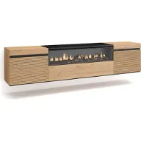 Skraut Home LINE Meuble TV, Banc Télé, 200x35x45cm, Pour les TV jusqu'à 80", Cheminée électrique, Suspendu, Mural, Chêne