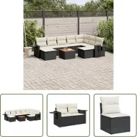 The Living Store 10 pcs. salon de jardin avec coussins noir poly rotin