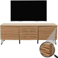 Mendler Meuble TV HWC-M49, armoire basse TV, compartiments de rangement design 3D, bois massif mangue métal 52x142x44cm naturel
