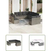 The Living Store 11 pcs. salon de jardin avec coussins Gris Poly Rattan