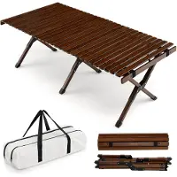 Costway Table de camping enroulable en bambou, table de pique-nique pliante avec sac de transport, table pliante portable pour le camping, le barbecue, le pique-nique, le jardin (café)