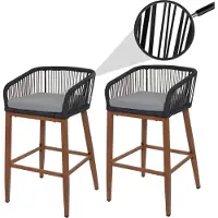 Mendler Lot De 2 Tabourets De Bar Rope Hwc-O22, Coussins D'extérieur En Corde Tressée Métal Aspect Bois Anthracite, Coussin Gris Clair