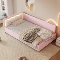 OKWISH Canapé-lit 90×200 cm avec sommier à lattes, lit jour pour enfant avec éclairage LED d’ambiance et télécommande (sans matelas), rose