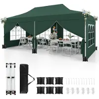Costway Pavillon 3x6m, Pavillon pliable avec 6 parois latérales amovibles, sacs de sable & sac de transport, Pavillon de jardin Tente de réception résistant à l'hiver Protection UV 50+ Vert