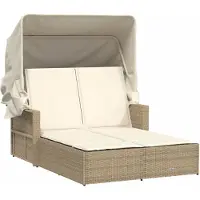Syfax Chaise longue double avec auvent et coussins beige poly rotin