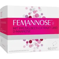MCM Klosterfrau GmbH, Deutschland Femannose F Granulés à boire contenant chacun 2000 mg de poudre de D-mannose et 100 mg d'extrait d'airelle rouge, 60 sachets.