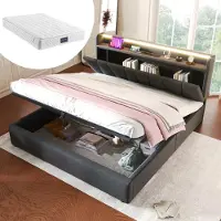 MODFU Lit Coffre 140x200 cm - Lit Double avec Rangement et Tête Réglable - Matelas Inclus - Tissu en Lin - Gris